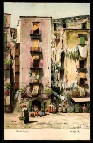 Lithographie Napoli, Santa Lucia, Strassenpartie