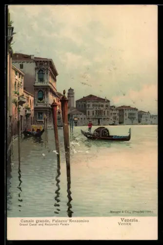 Lithographie Venezia-Venedig, Canale grande, Palazzo Rezzonico, Gondeln