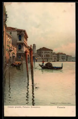 Lithographie Venezia-Venedig, Canale grande, Palazzo Rezzonico, Gondeln
