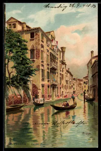Künstler-Lithographie Venezia, Rio del Pestrin, Gondeln