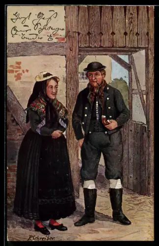 Künstler-AK sign. P. Schreiber: Schwarze Bauern aus der Gegend von Rostock