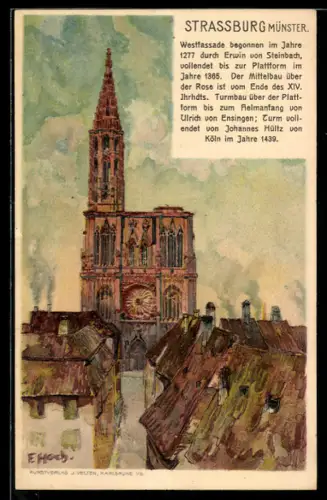 Künstler-AK F. Hoch: Strassburg, Ortspartie mit Kirche