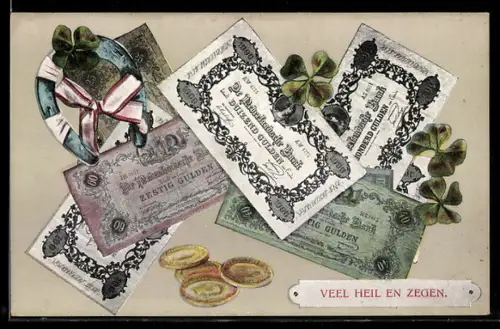 AK Niederländische Banknoten und Münzen, Kleeblatt mit Hufeisen
