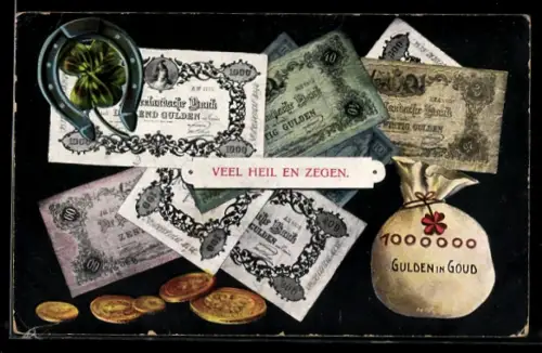 AK Geldscheine und Münzen, Geldsack 1.000.000 Gulden in Gold, Veel Heil en Zegen