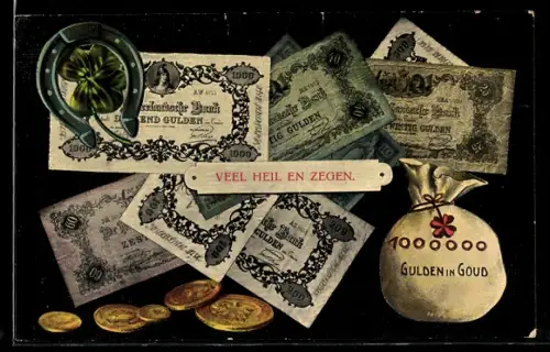 AK Geldscheine und Münzen, Hufeisen und Kleeblatt, Geldsack mit 1.000.000 Gulden in Gold