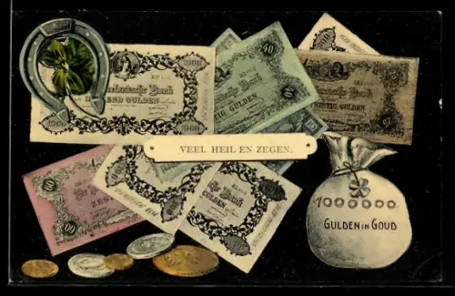AK Geldscheine und Münzen, Hufeisen und Kleeblatt, Geldsack mit 1.000.000 Gulden in Gold