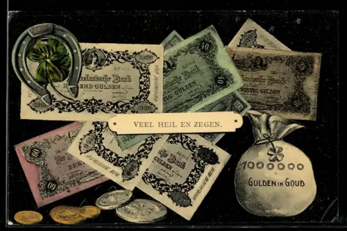 AK Münzen und Geldscheine, Kleeblatt und Hufeisen, 1.000.000 Gulden in Gold