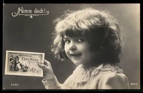 AK Mädchen mit Reichskassenschein 5 Mark, Geld