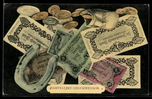 AK Banknoten und Münzen der Nederlandschen Bank, Geldsack mit Gulden, Hufeisen