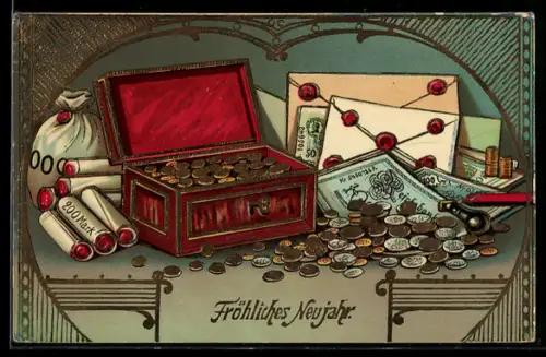 AK Kiste mit Geldmünzen- und Scheinen, Neujahrsgruss