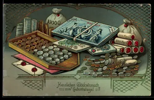 AK Geldmünzen und -Scheine zum neuen Jahr