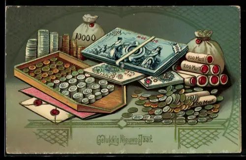 AK Geldmünzen und -Scheine zum neuen Jahr