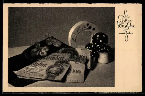 AK Geldscheine, Hufeisen, Pilze, Kleeblätter, Glück für das Neue Jahr