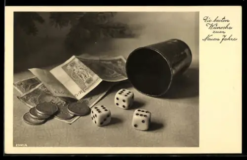 AK Die besten Wünsche zum Neuen Jahre, Würfelbecher und Geld