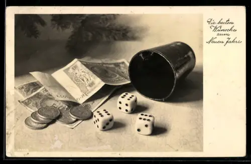 AK Die besten Wünsche zum Neuen Jahre, Würfelbecher und Geld