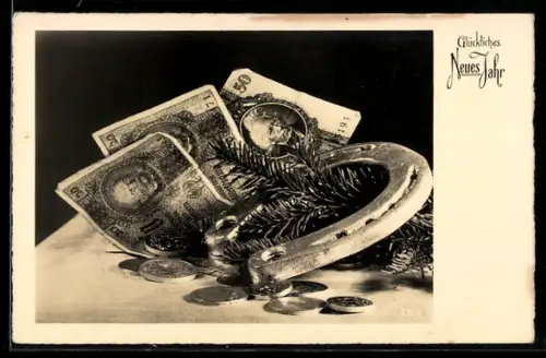 AK Stillleben mit Geldscheinen, Münzen und Hufeisen, Glückliches Neues Jahr