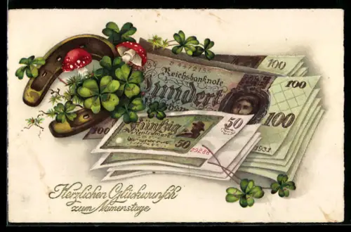 AK Ein frohes neues Jahr, Klee, Hufeisen, Fliegenpilze und Geld