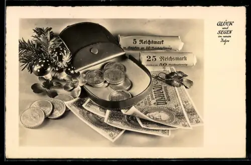 AK Portemonnaie mit Geldmünzen, Banknoten und Münzrollen, Glück und Segen im neuen Jahr