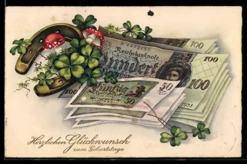 AK Ein frohes neues Jahr, Klee, Hufeisen, Fliegenpilze und Geld