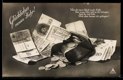 AK Portemonnaie mit Geldscheinen und Münzen, Rentenmark und Reichsmark, Glückliches neues Jahr!