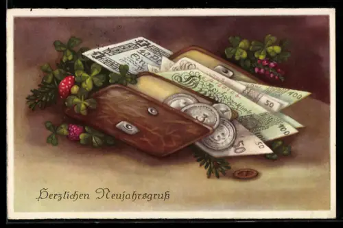 AK Geldbörse mit Münzen und Geldscheinen