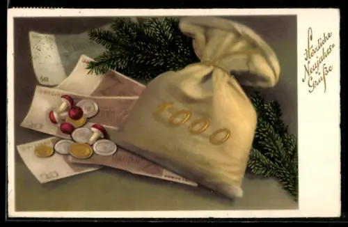 AK Geldsack, Banknoten und Münzen mit Tannenzweig, Neujahrsgrüsse