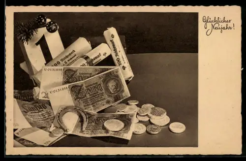 AK Geldmünzen und Geldscheine zum neuen Jahr