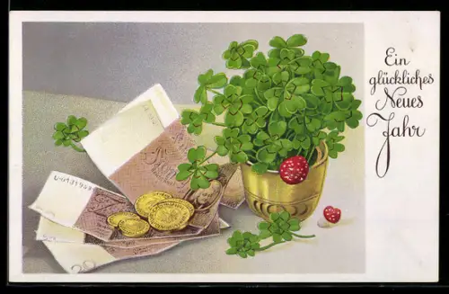 AK Stillleben mit Banknoten und Geldmünzen, Kleeblätter, Glückliches Neues Jahr