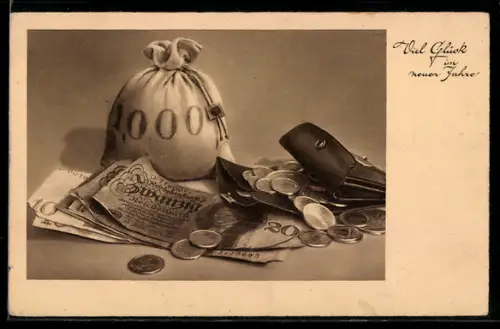 AK Geldsack, Münzen und Banknoten mit Portemonnaie, Viel Glück im neuen Jahr