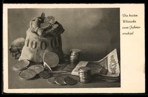 AK Geldsack mit Münzen und Scheinen