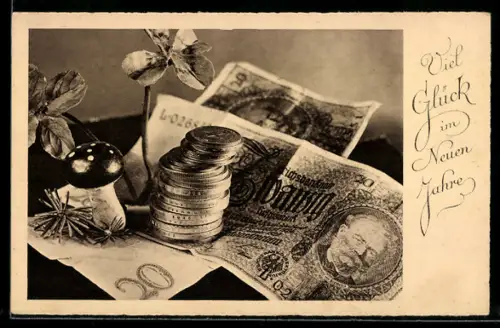 AK Gelscheine- und Münzen mit Fliegenpilz und Kleeblättern