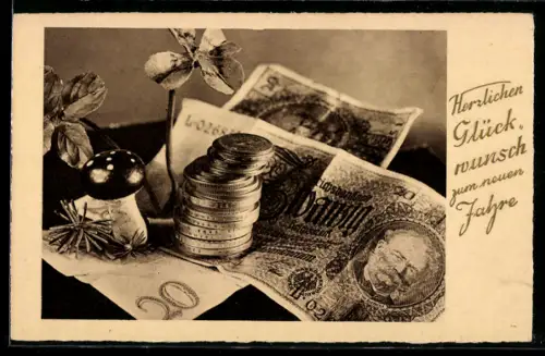 AK Stillleben mit Banknoten, Geldmünzen und Kleeblättern, Glückwunsch zum neuen Jahr