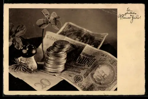AK Münzen und Geldscheine, Pilz, Klee, Neujahr