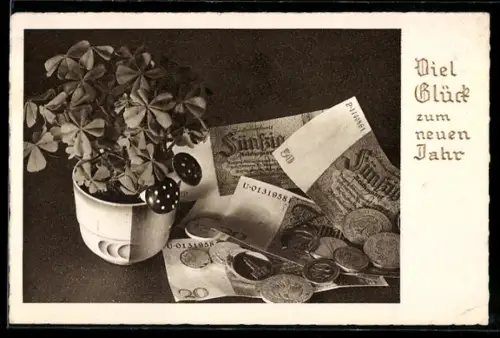 AK Geldscheine und Münzen, Klee, Neujahr