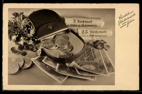 AK Geldbörse mit Münzen, Banknoten und Münzrollen, Glückwünsch zum neuen Jahr