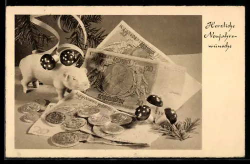 AK Neujahrsgrüsse, Geld und Glücksschweinchen