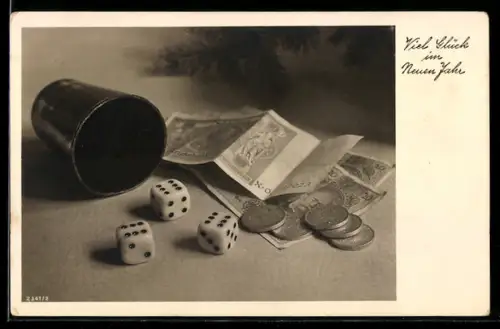 AK Würfelbecher und Würfel mit Geldscheinen und Münzen, Glück im neuen Jahr