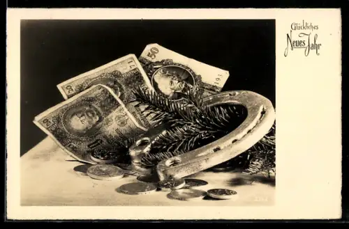 AK Banknoten und Münzen mit Hufeisen, Glückliches neues Jahr!
