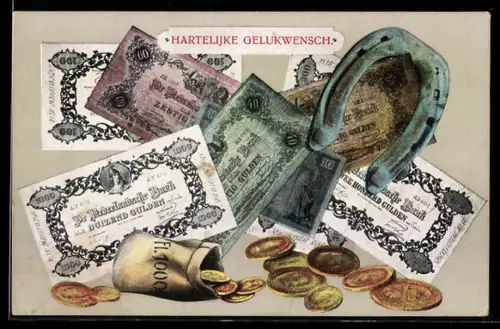 AK Niederländische Banknoten, Hufeisen, Geldsack mit Münzen