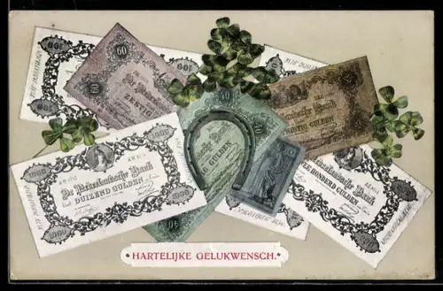 AK Niederländische Banknoten, Geldscheine mit Hufeisen und Kleeblättern