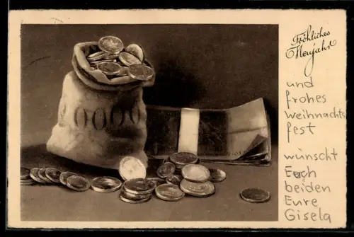 AK Geldsäckchen mit Münzen, Geldscheinbündel, Neujahrsgruss