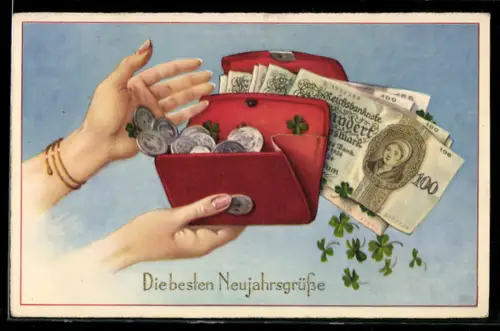 AK Hände einer Dame mit übervoller Geldbörse, Glücksklee, Neujahrsgruss