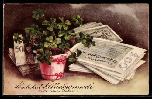 AK Geldscheine 100 Mark und Glückskleetopf