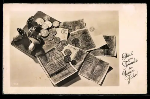 AK Brieftasche, Geldscheine u. Münzen, Fliegenpilze, Neujahrsgruss