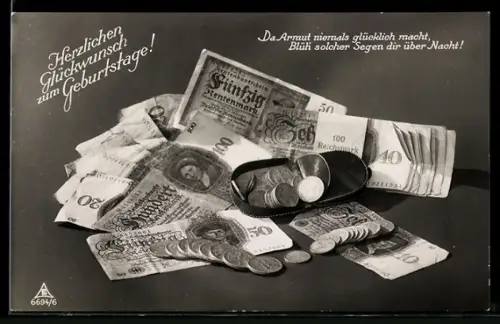 AK Geldbörse, Banknoten, Münzen, Geburtstagsgruss