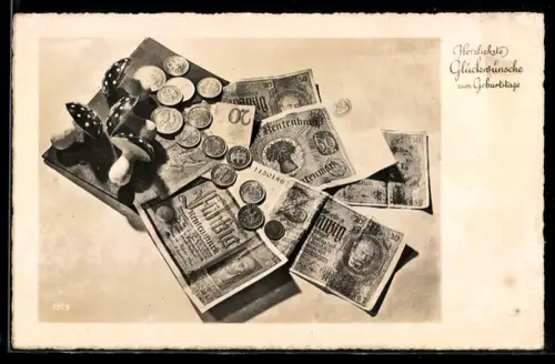 AK Brieftasche, Geldscheine u. Münzen, Fliegenpilze, Geburtstagsgruss