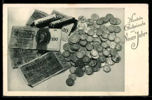 AK Banknoten, Münzen, Münzrollen, Neujahrsgruss