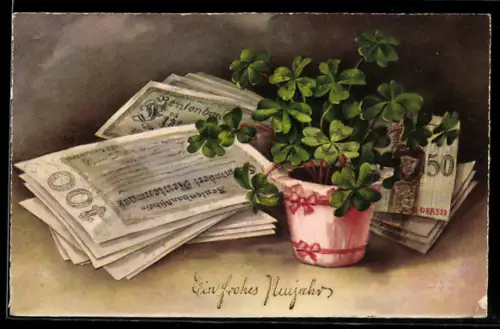 AK Geldscheine und Glückskleetopf, Geburtstagsgruss