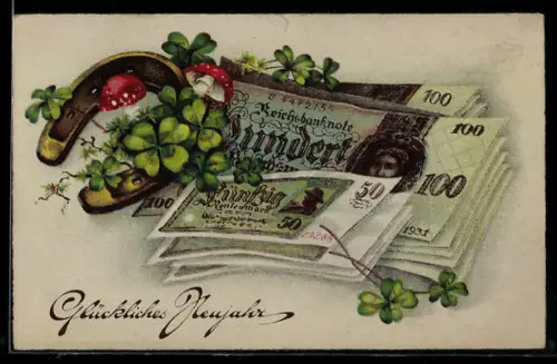 AK Ein frohes neues Jahr, Klee, Hufeisen, Fliegenpilze und Geld