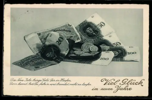 AK Geldscheine u. Börse mit Münzen, Neujahrsgruss